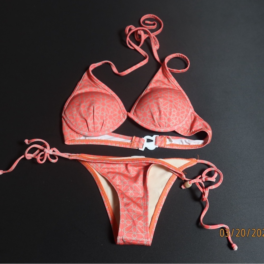 Coral Geometric Push-Up Triangle Bikini Set Tropical Coastal